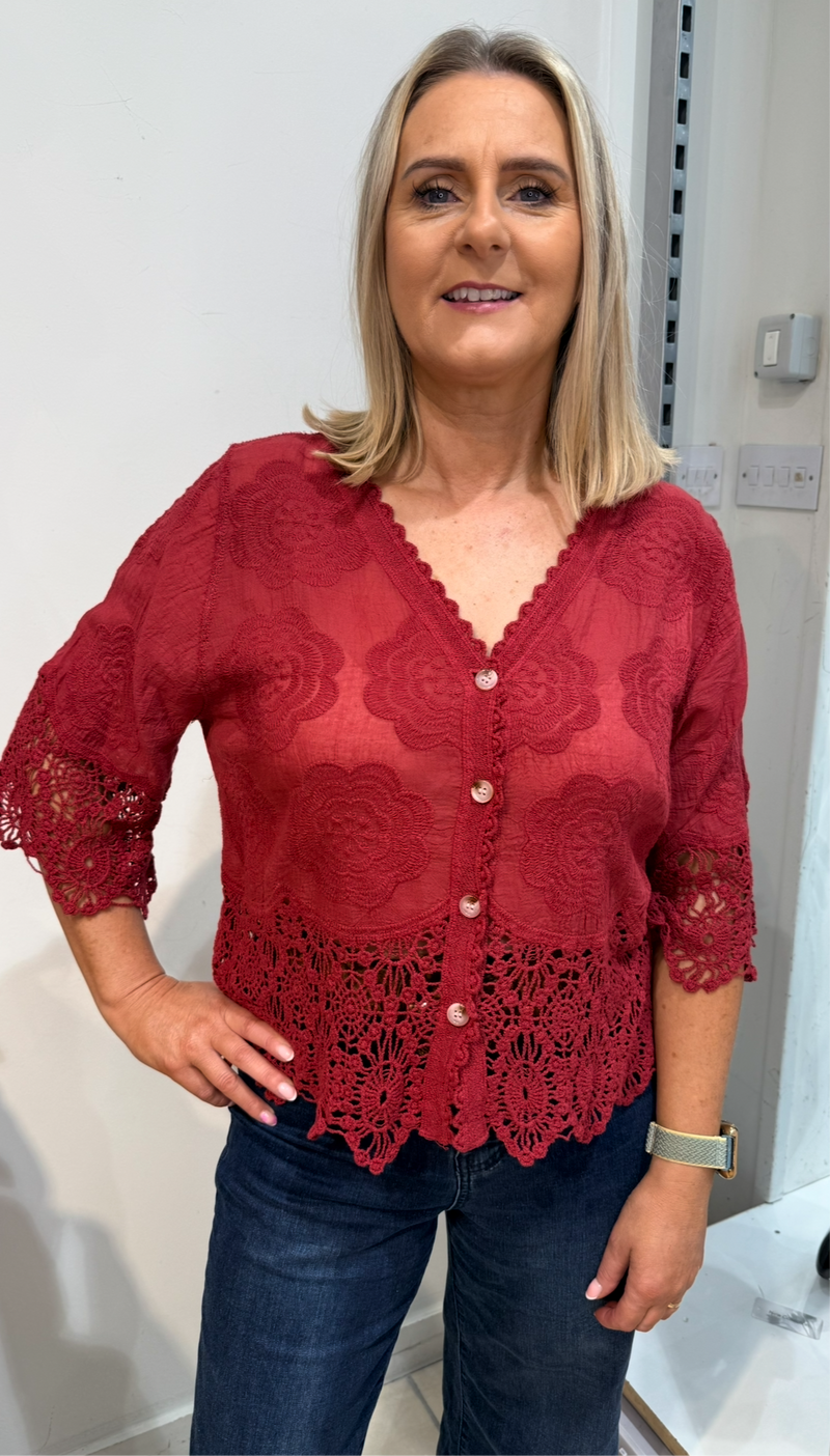 Zara - Wine Embroidery/Crochet Button Cardigan