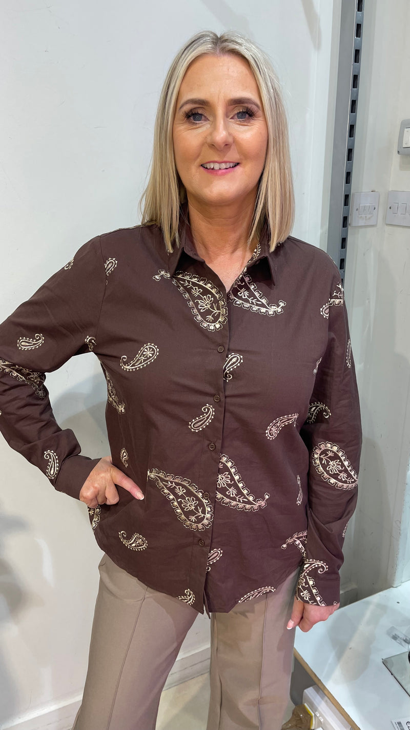 Delta - Chocolate Paisley Embroidery Cotton Shirt