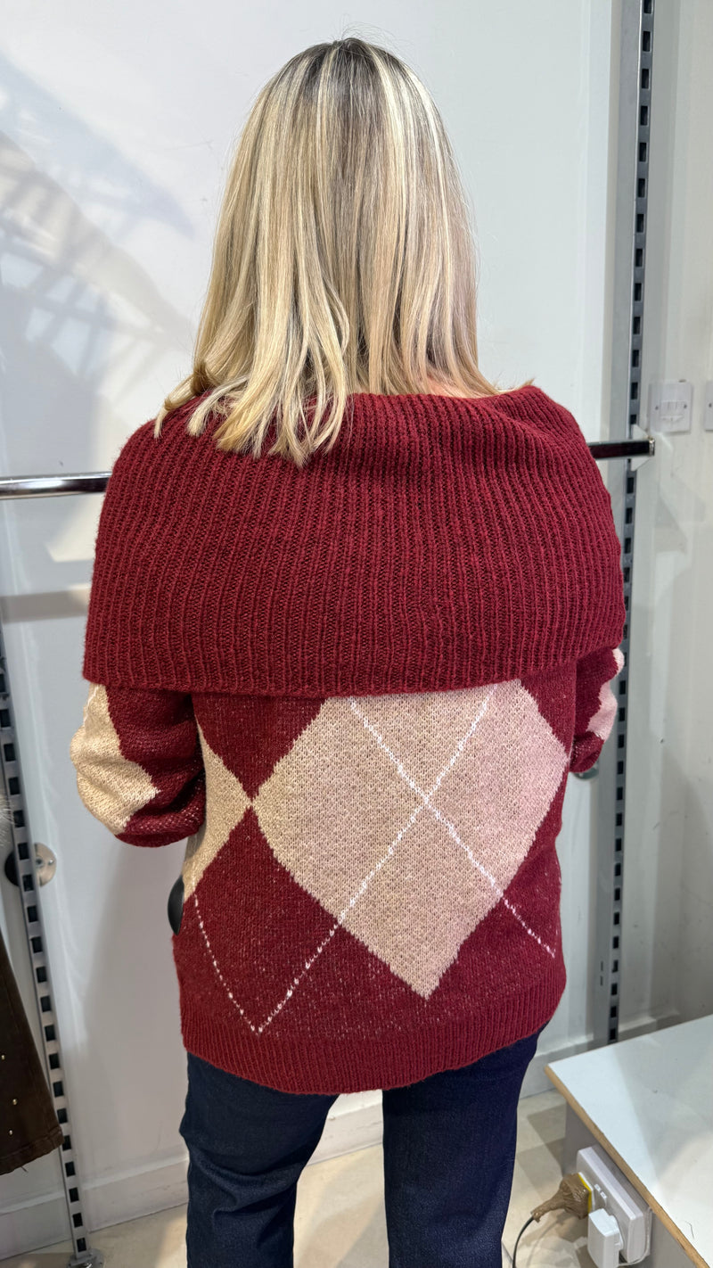 Lisa - Wine/Beige Diamond knit Jumper