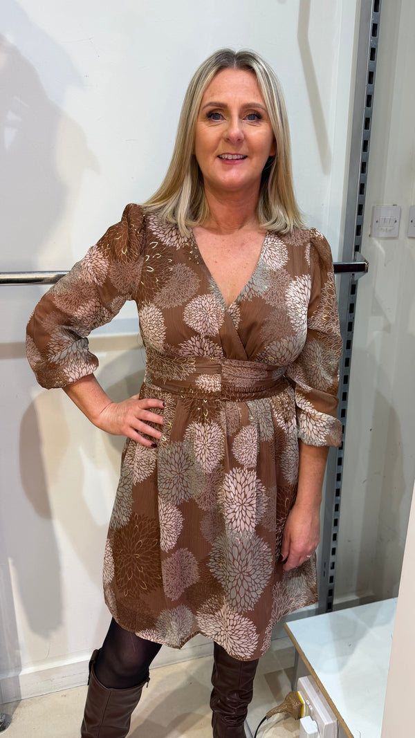 Clara - Brown/Green Print V Neck Dress