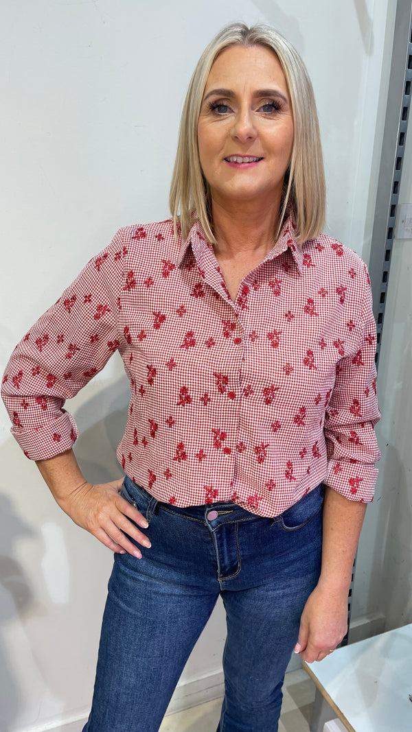 Carla - Dark Red Check Embroidery Shirt