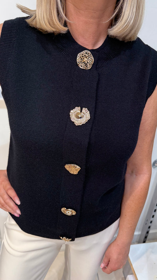 Madison - Black Gold Button Knit Waistcoat