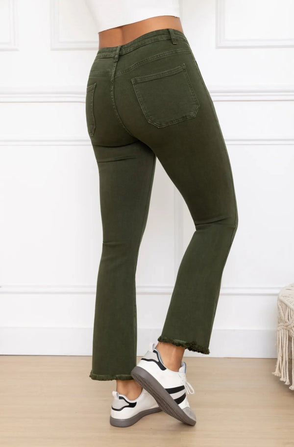 Cassie - Khaki Pocket Stretch Cropped Jeans