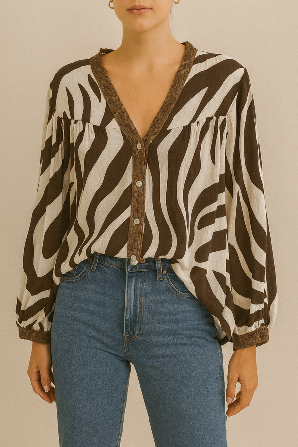 Blaithin - Cream/Chocolate Zebra Crochet Back Blouse
