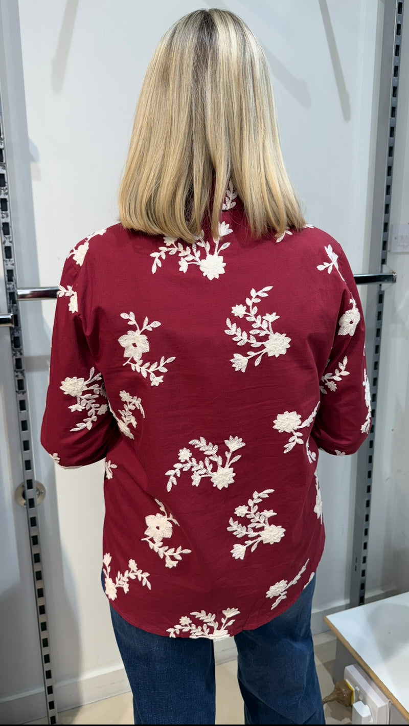Jessie - Wine Embroidery Cotton Shirt