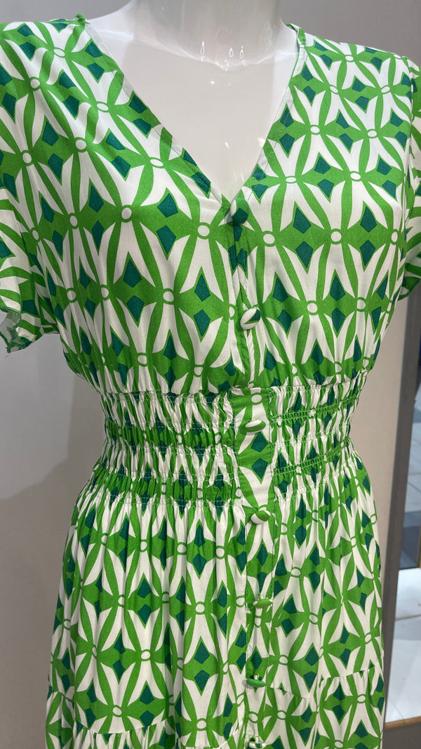 Mona - Bright Green Lattice print V Neck maxi Dress
