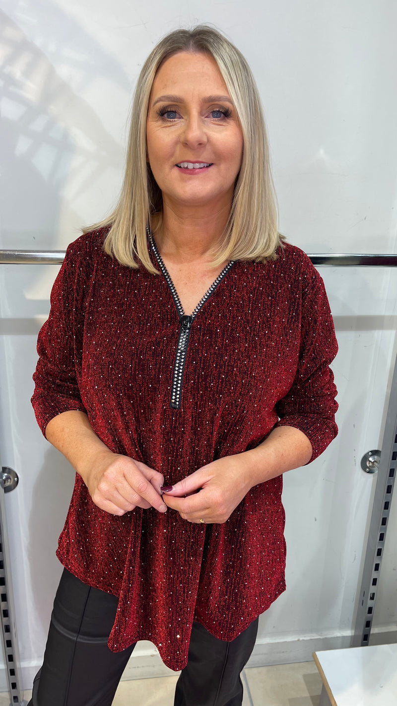 Kay - Red/Black Shimmer Stud Diamond Zip Batwing Top