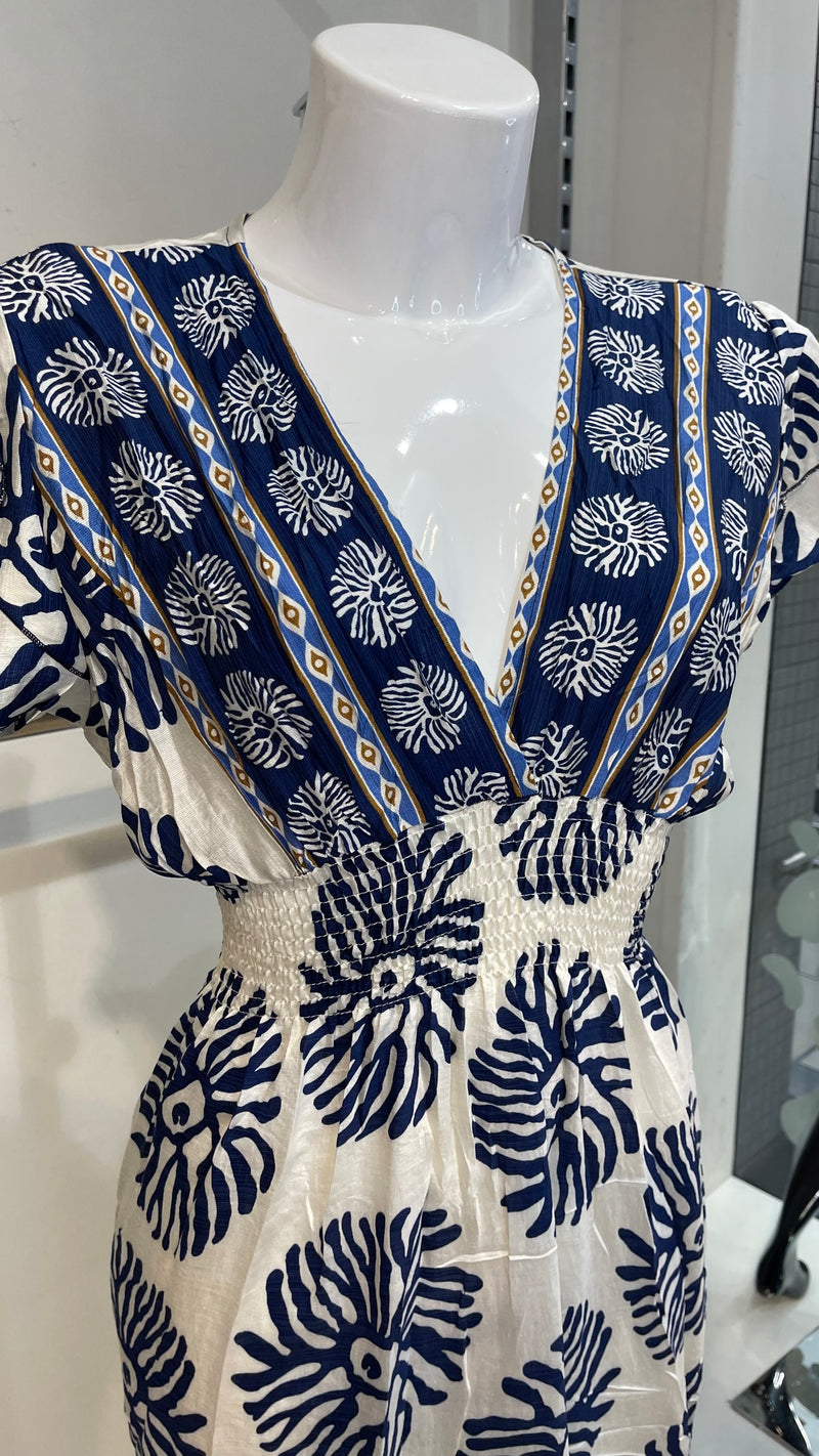 Madison -Navy/Cream Print Elastic Waist Midi Dress