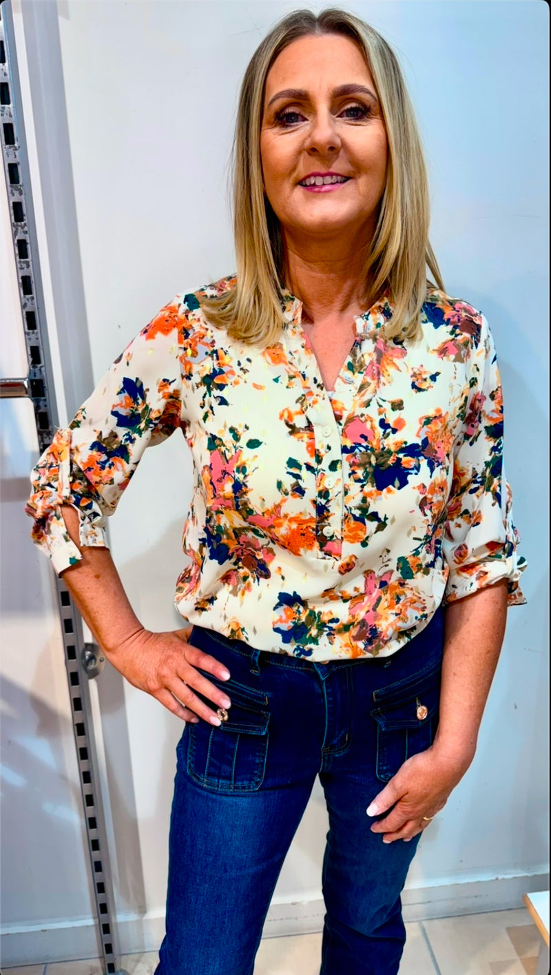 Ivy - Coral/Navy Floral Gold Leaf Detail Button Top