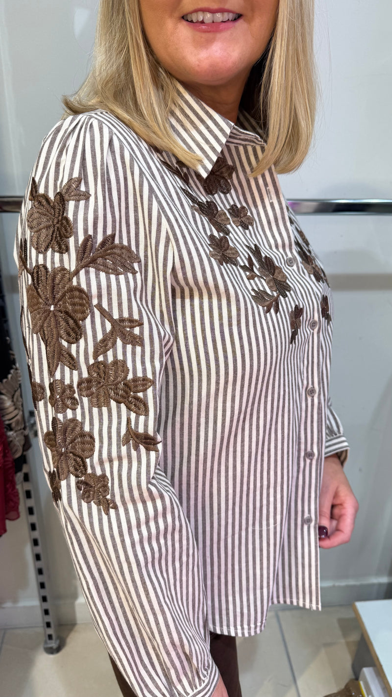 Kenny - Brown Stripe Embroidery Detail Cotton Shirt