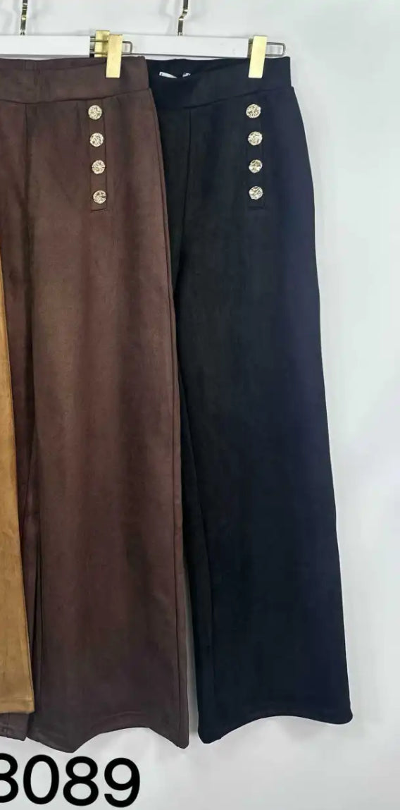 Pippa - Brown Faux Suede Button Wide Leg Trousers