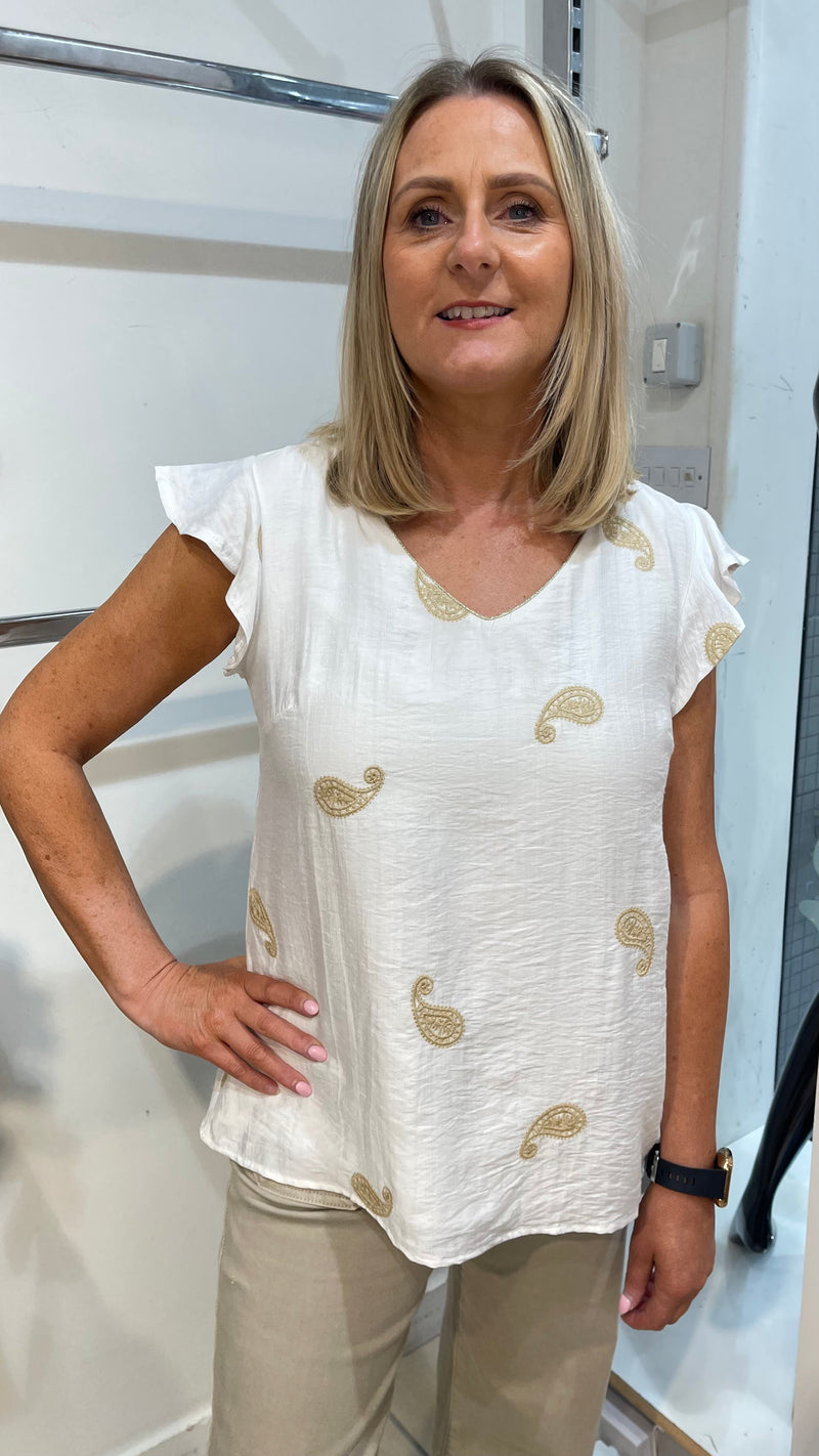 Kelda - White Paisley Embroidered Top