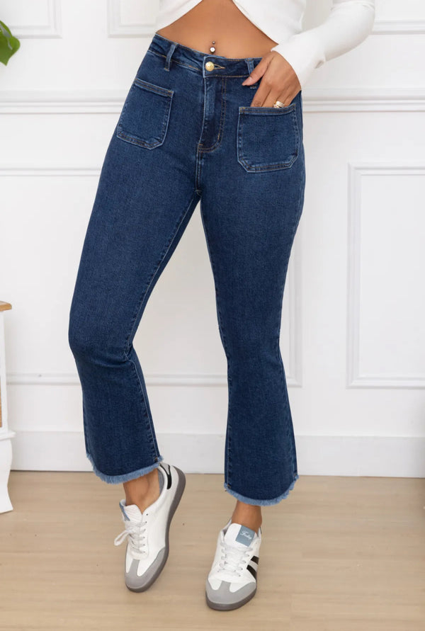 Cassie - Denim  Pocket Stretch Cropped Jeans