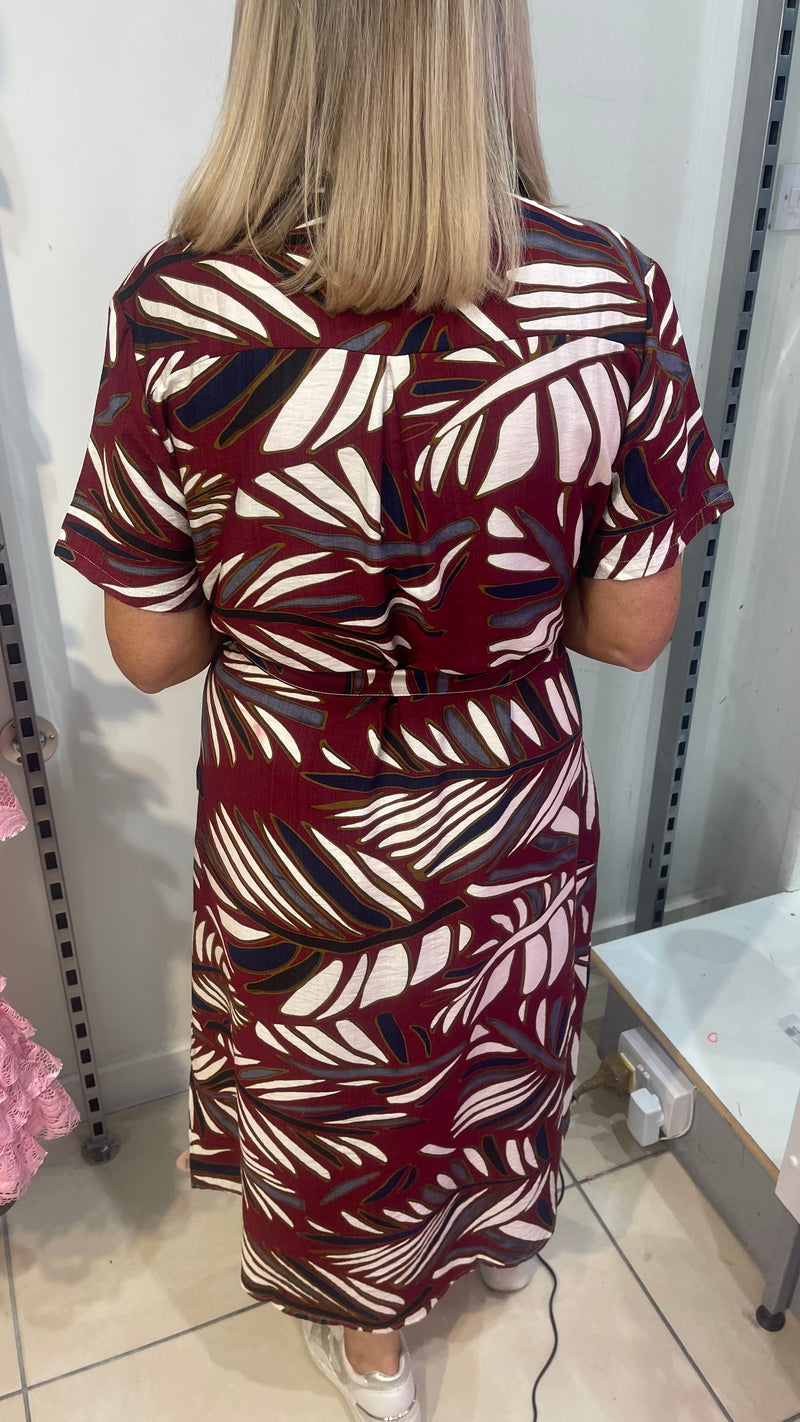 Tillie - Wine Palm Print Midi Shirt Dress