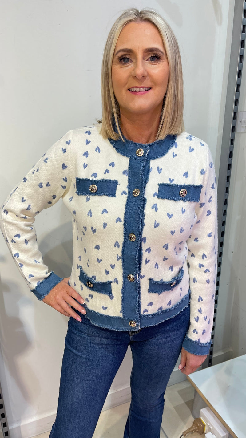 Joey - Heart Button Knit Denim Trim Cardigan