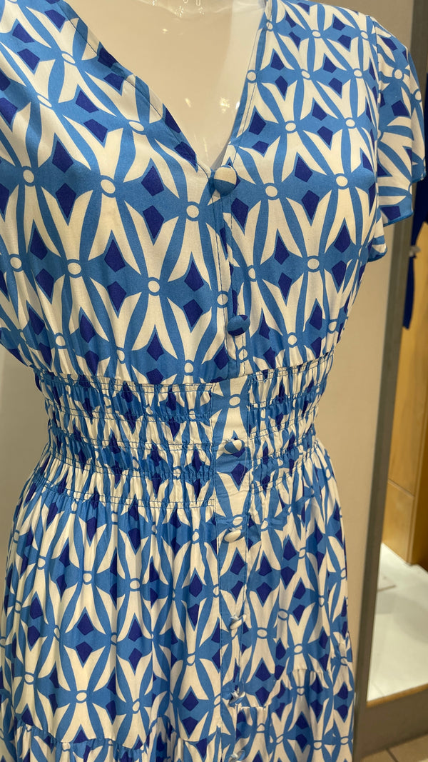 Mona -Blue Lattice print V Neck maxi Dress