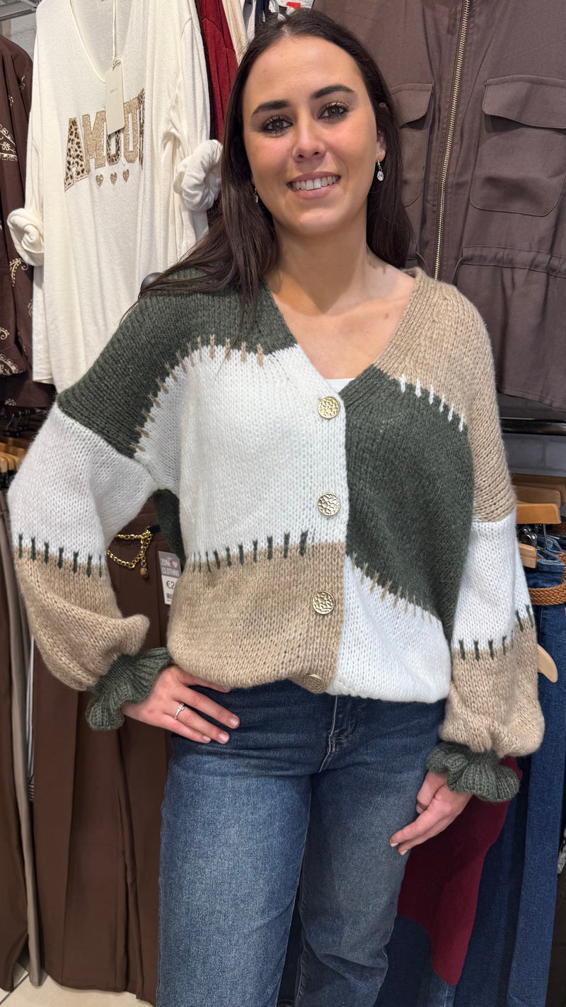 Barbara Green/Cream Chunky Knitted Cardigan