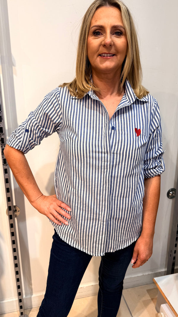 Delta - Blue Stripe Cotton Shirt Embroidered Heart