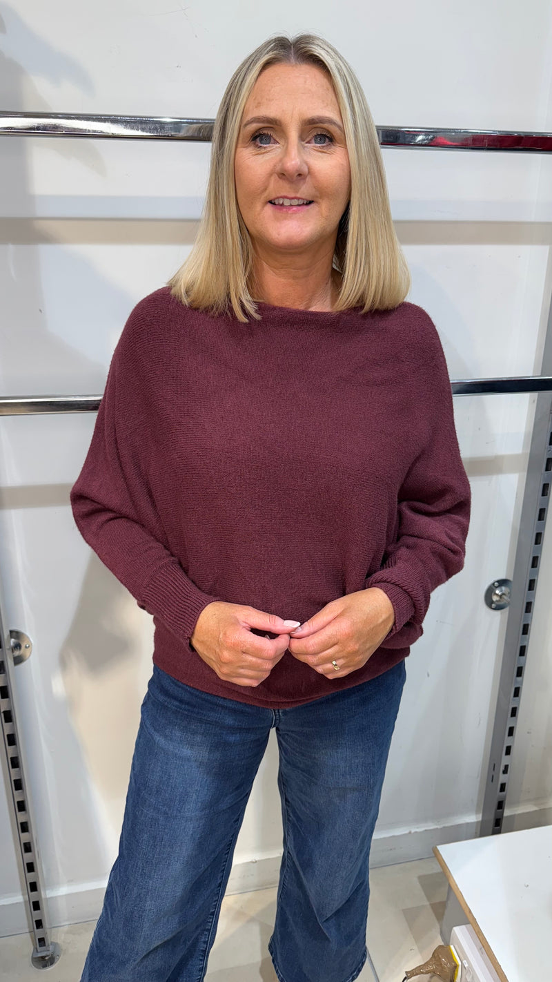 Orla - Dark Wine Soft Bat-Wing Jumper