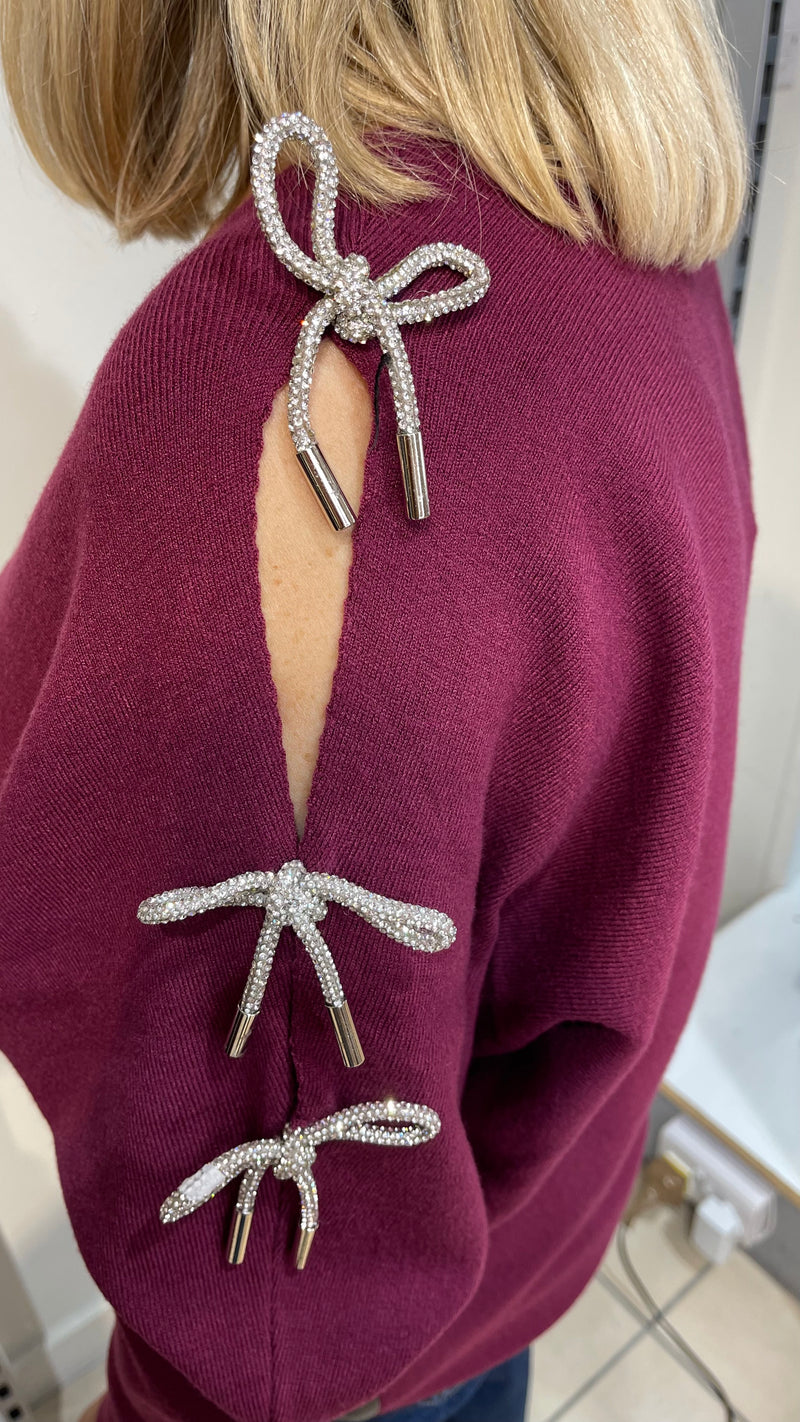 Evie - Wine Diamonte Sleeve Knit