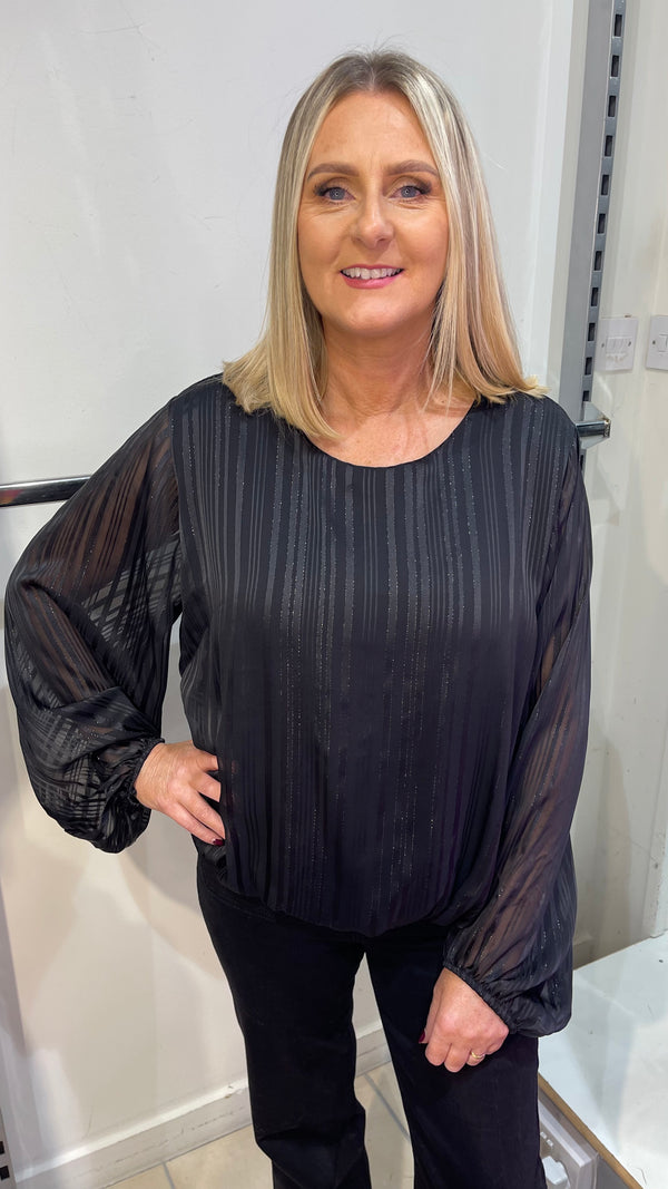 Nellie - Black Lurex Thread Stripe Round Neck Blouse