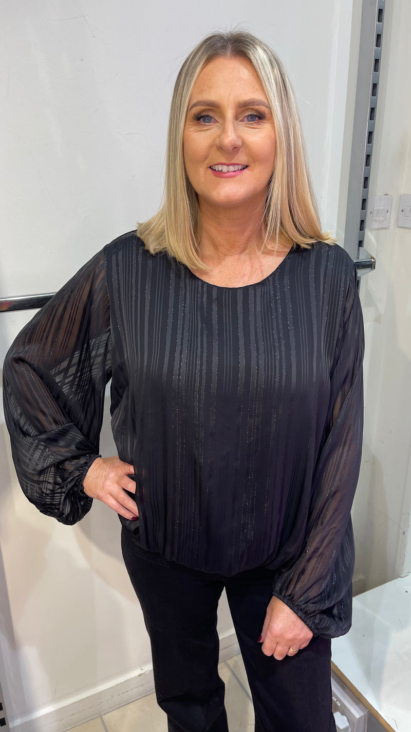 Nellie - Black Lurex Thread Stripe Round Neck Blouse