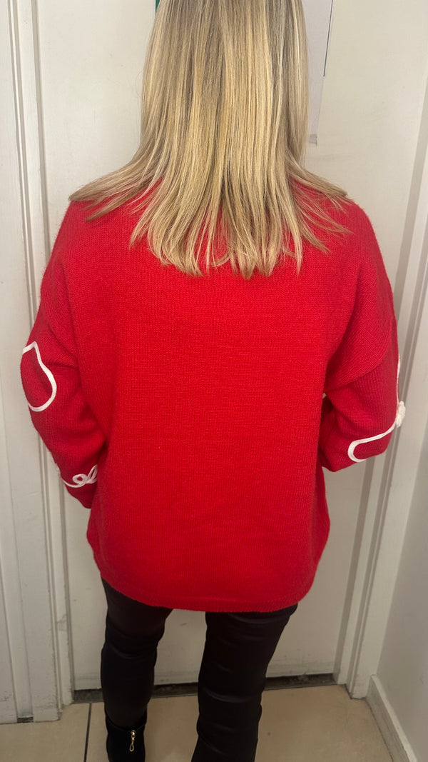 Sara - Red Knit Jumper with Embroidery Detail