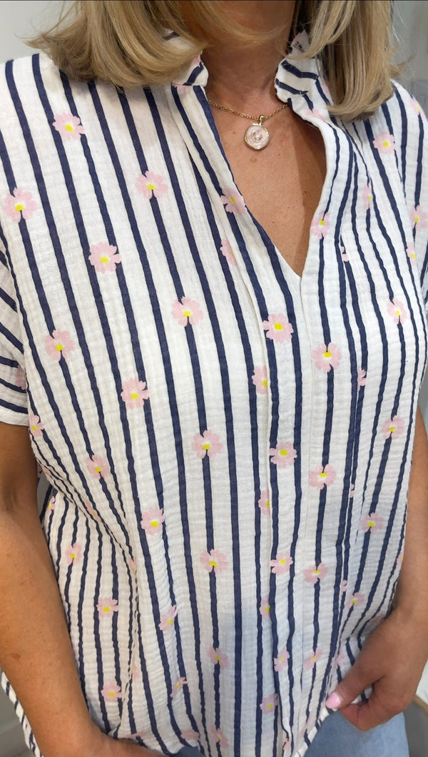 Bethany - Navy Stripe Ditsy Print Top