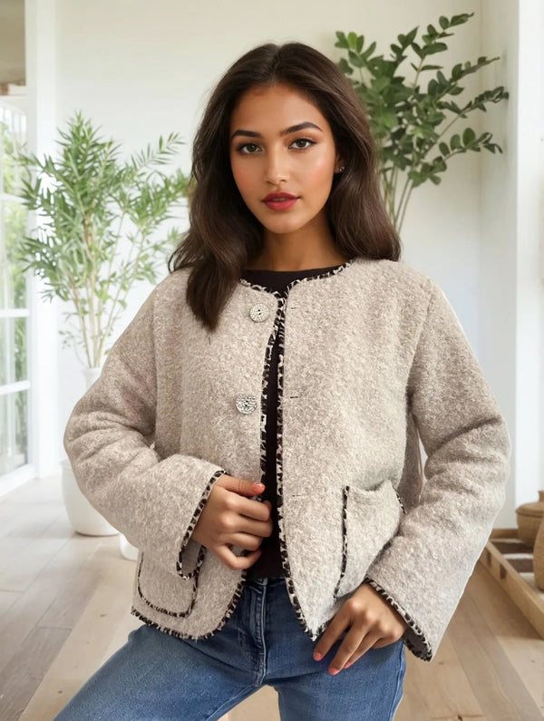 Gina - Beige Fuzzy Leopard Trim Jacket