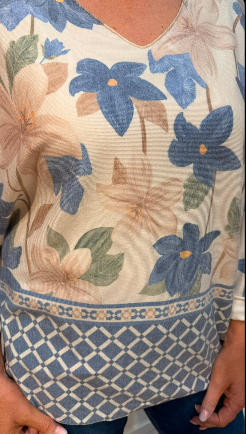 Lena - denim Blue Floral Border Print Top