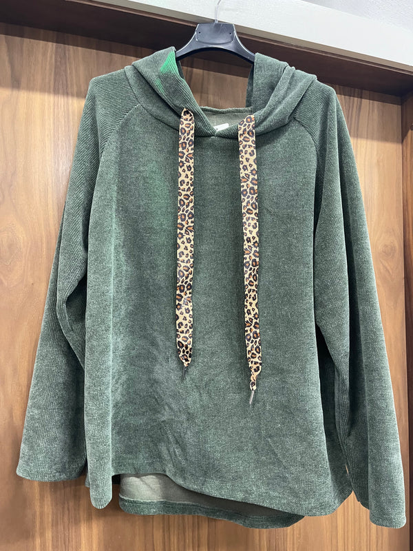 Polly - Khaki Velvet Look Hoodie contrast Leopard Tie detail