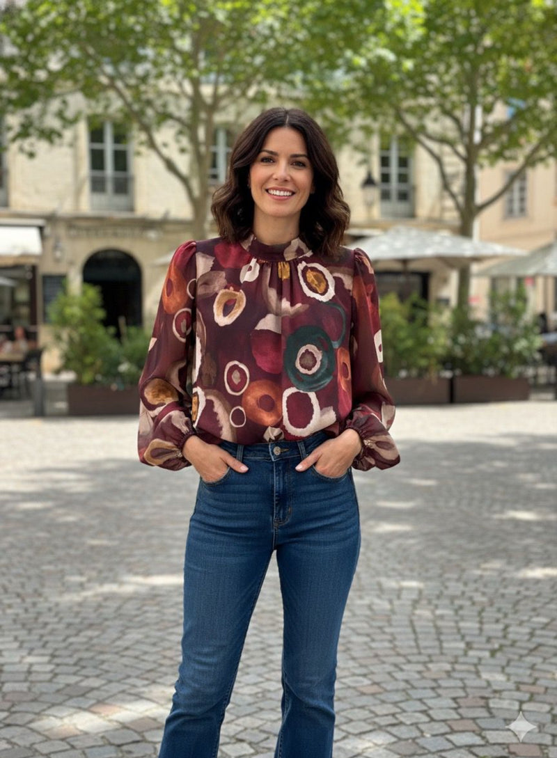 Jodie - Wine/Beige Circle  Print High Neck Top