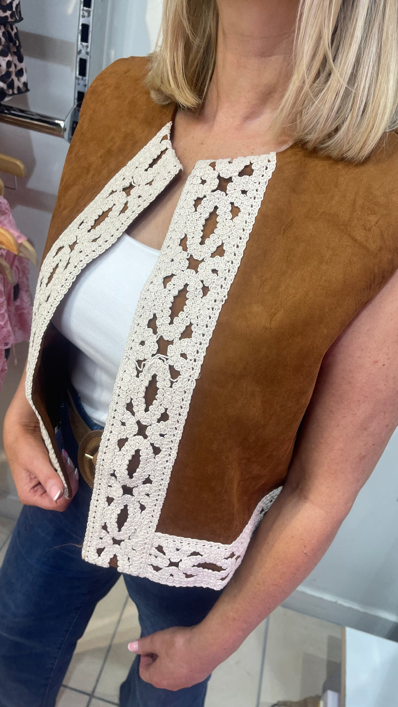 Zack - Tan Suede Look Crochet Waistcoat