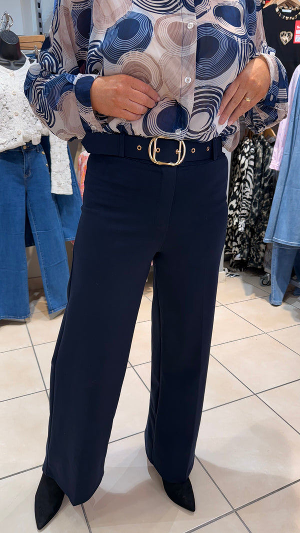Paris - Navy Belted Stretch Flare Leg Trouser