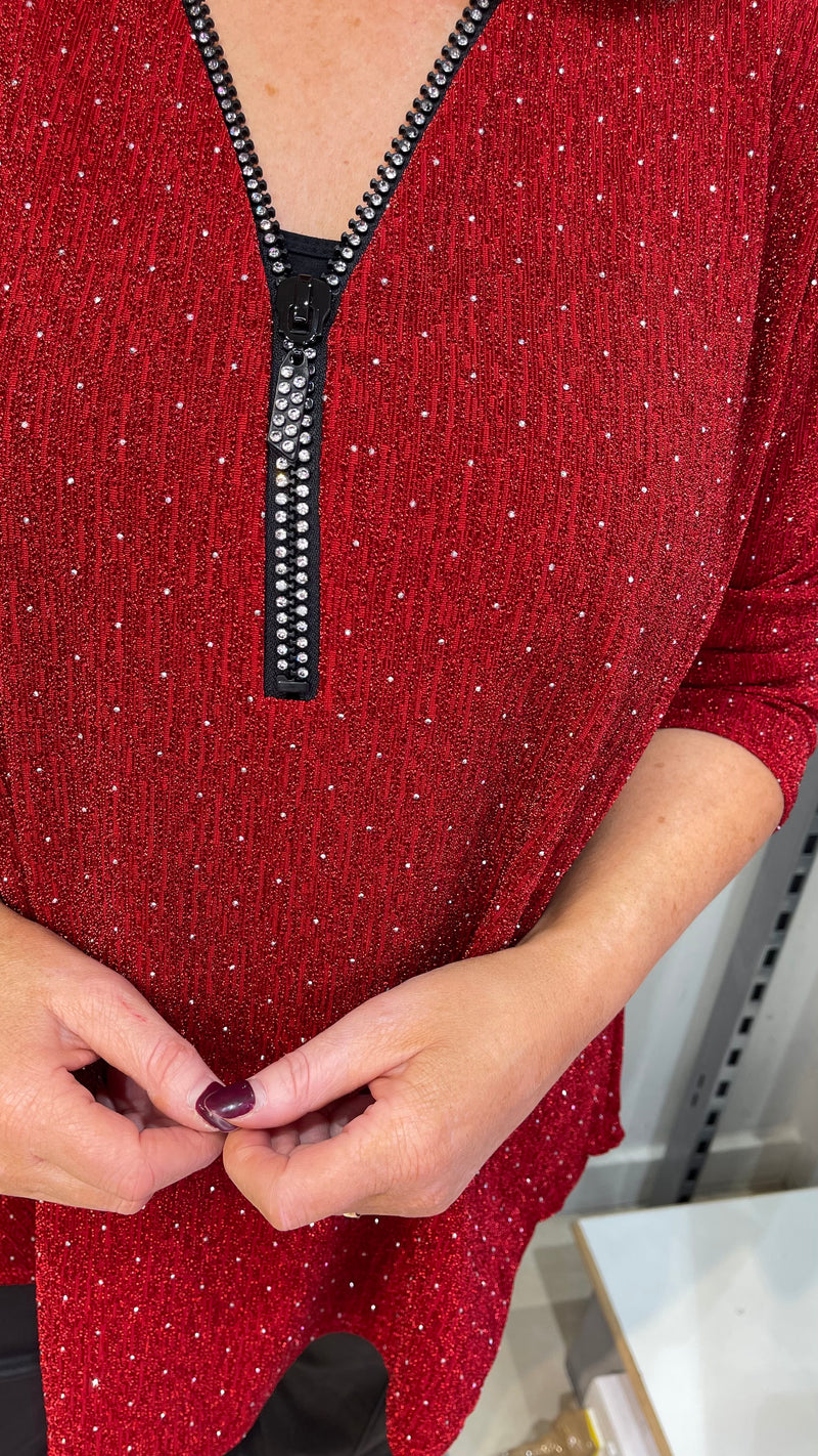 Kay - Red Shimmer Stud Diamond Zip Batwing Top