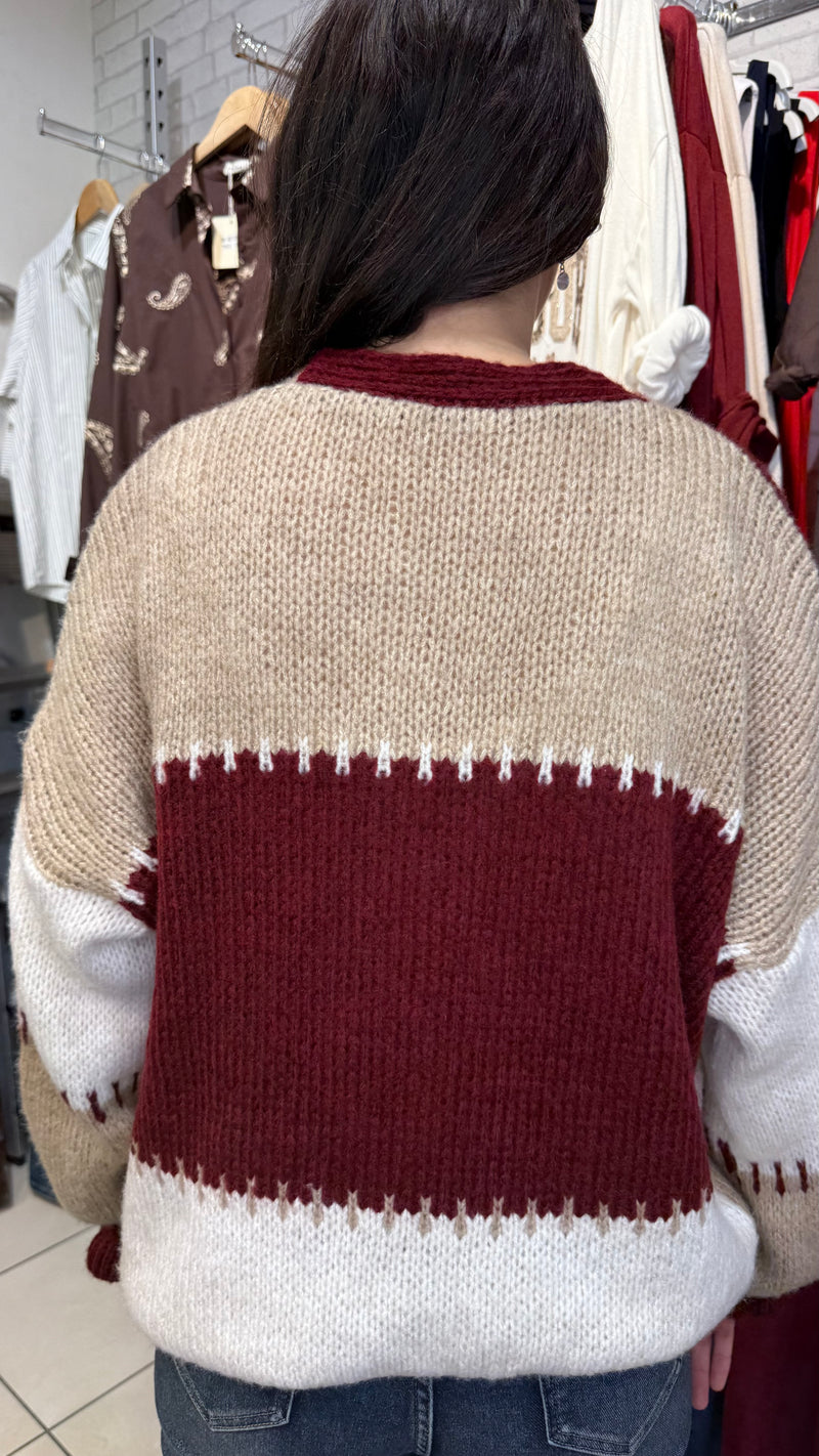 Barbara Wine/Cream Chunky Knitted Cardigan