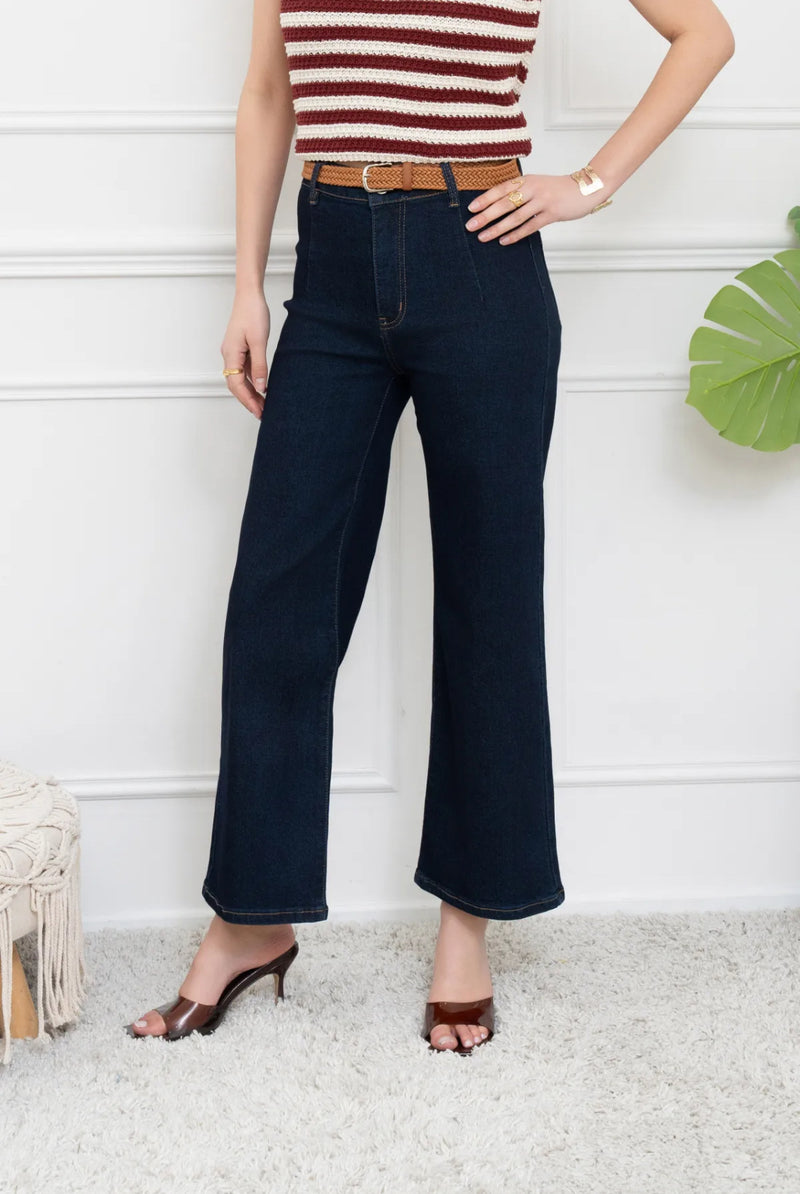 Jake - Dark Blue Denim Belted Cropped Jeans