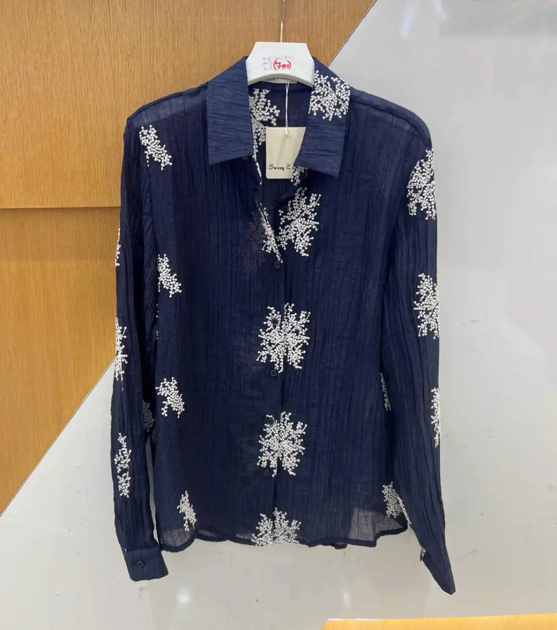 Luca - Navy Embroidery Top