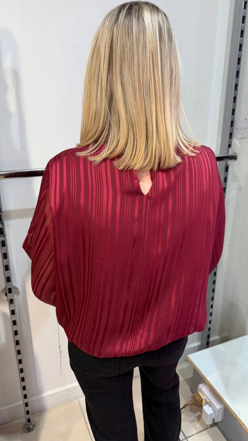 Hollie -  Wine Lurex Thread Striped High Neck Blouse