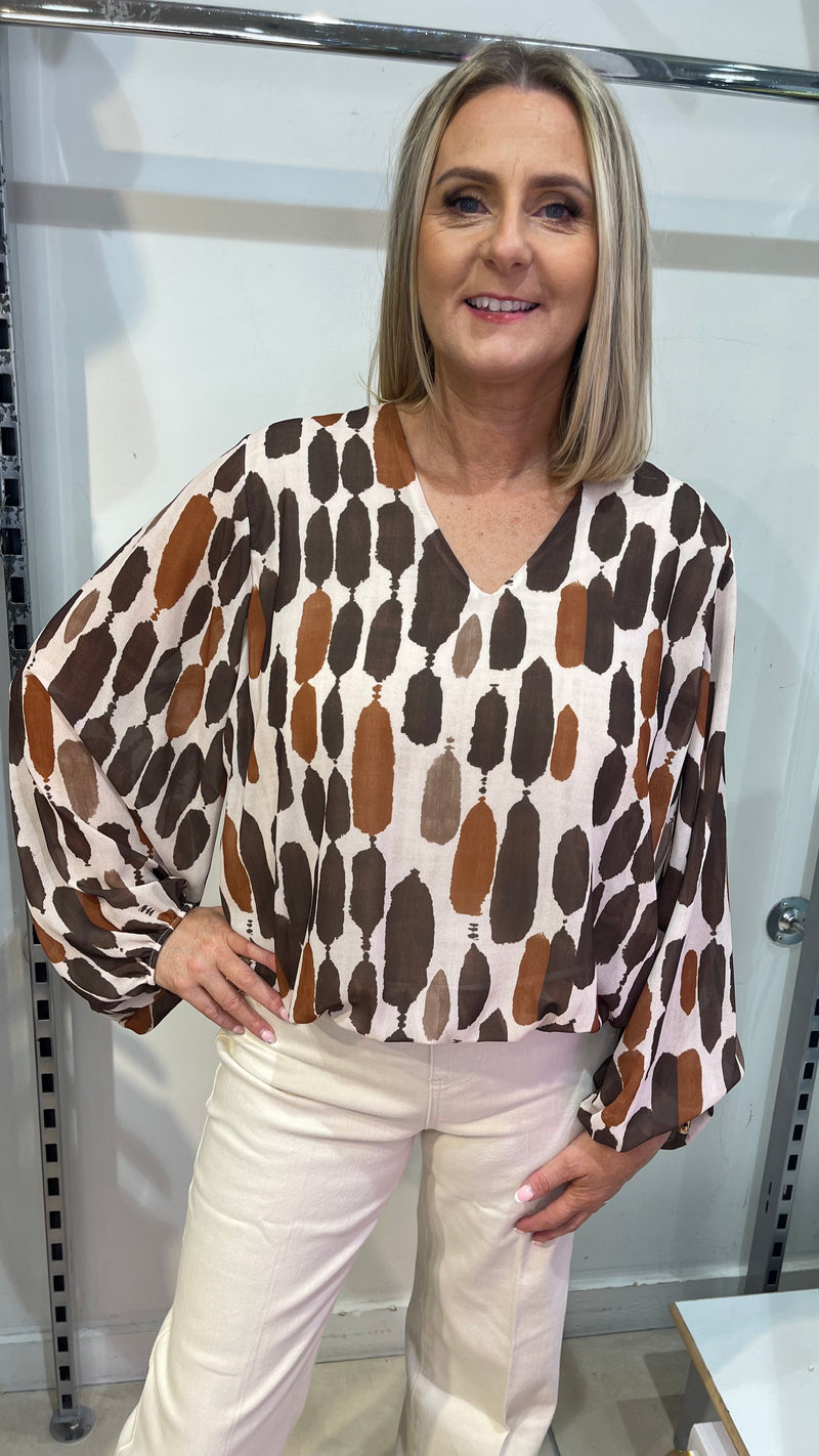 Naomi -   Chocolate/Cream  Print Lined bubble Hem top