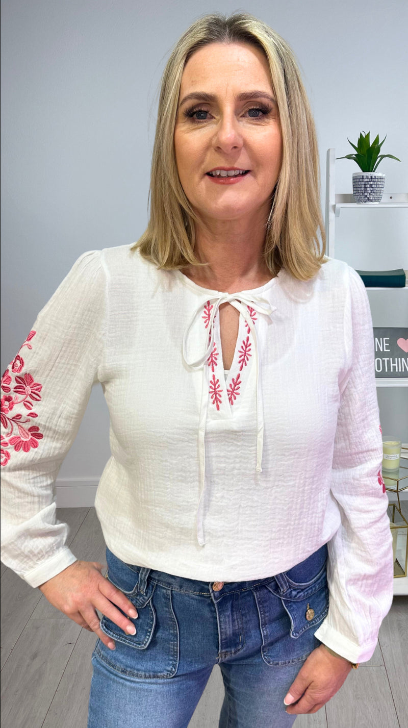 Annabelle - White/Pink Embroidered Cotton Top