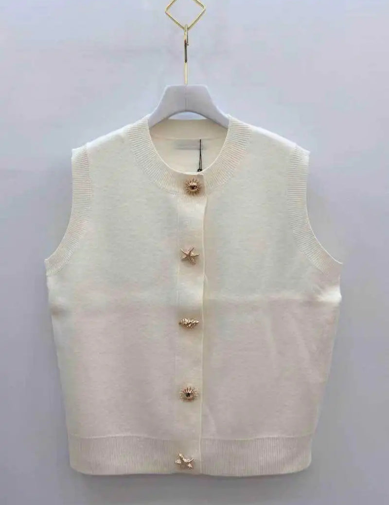 Meg - Cream Mixed Gold Button Sleeveless Knit