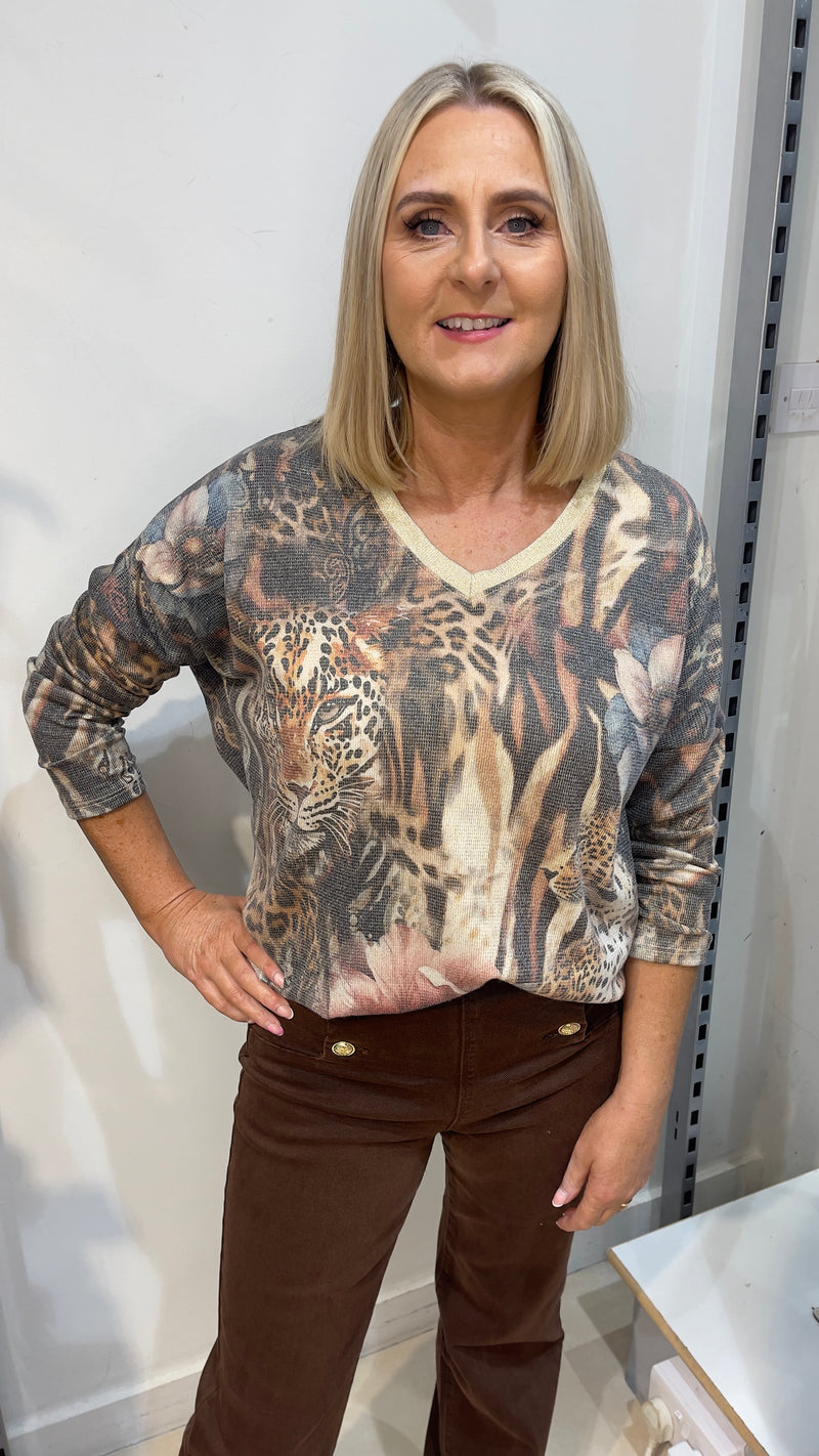 Sofia - Gold Lurex Thread Cheetah Print Top