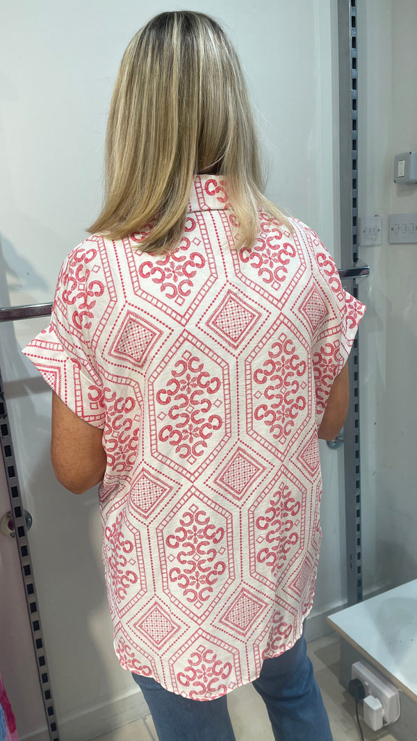 Joyce - Embroidery Print Blouse Red
