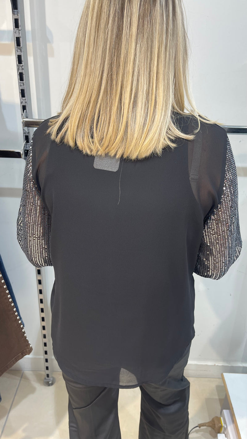 Olivia - Black/Silver Ruffle Sequin Sleeve Blouse