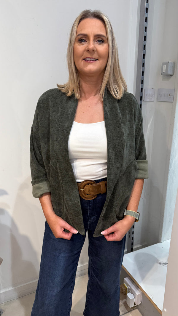 Amber -Khaki  Ribbed Velvet feel Pocket Jacket