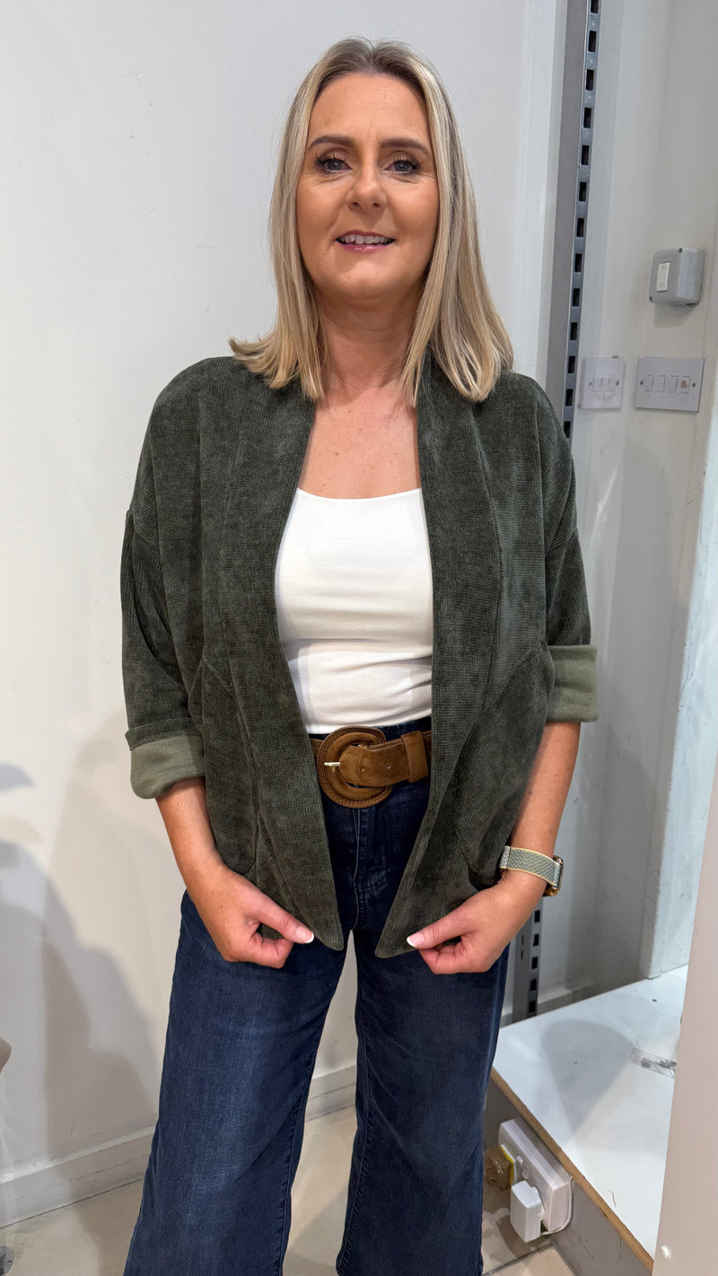 Amber -Khaki  Ribbed Velvet feel Pocket Jacket