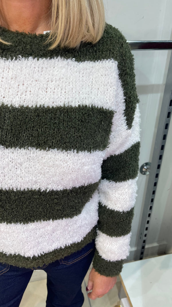 Millie- Green/Cream Stripe Fluffy Knit Jumper