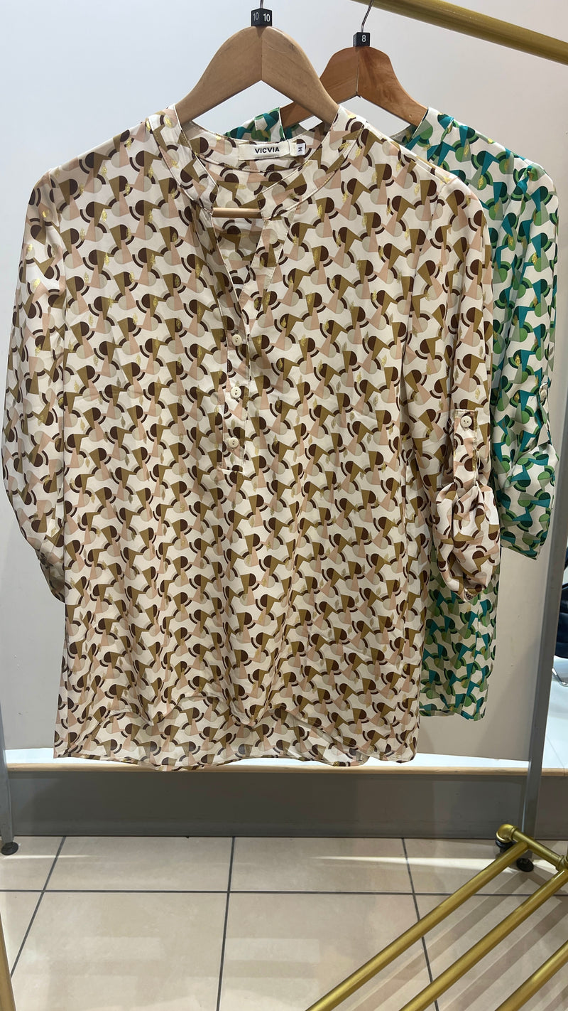Ivy - Camel/Nude Print Gold Leaf Button Top