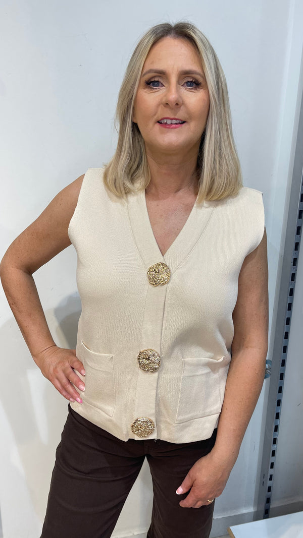 Clara - Beige Button knit Waistcoat